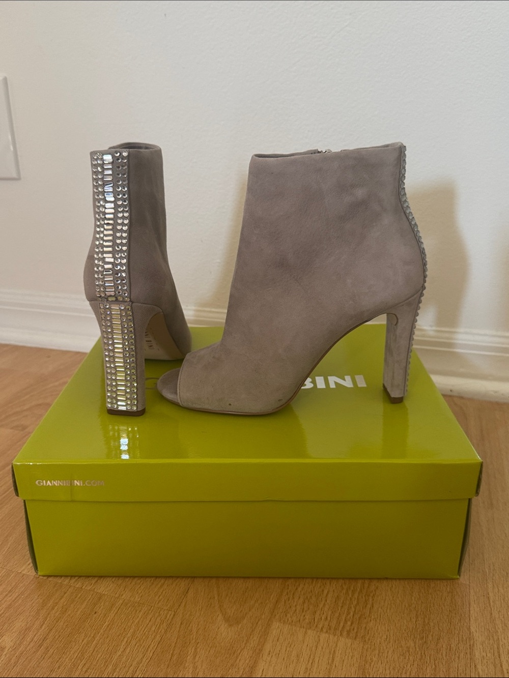 Gianni Bini Taupe Suede Crystal-Embellished Peep-Toe Ankle Booties